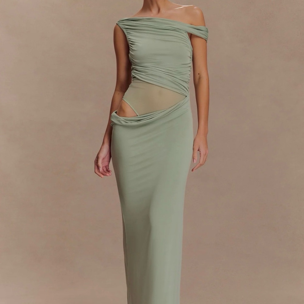 MESHKI Callen One Shoulder Slinky Maxi Dress in Sage